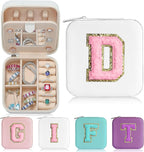 Parima White Jewelry Box for Women - Personalized Travel Chenille Letter Patches Jewelry Case, Multifunctional, Includes Ring