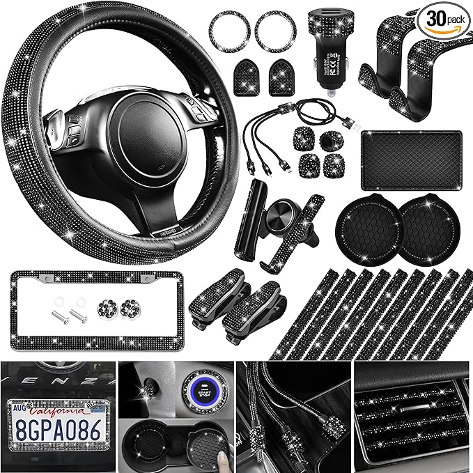 CAR PASS 30 PCS Bling Diamond Car Accessories Set for Women, Bling Steering Wheel Covers 15 Inch, Shining Rhinestone License Plate Frame, Sparkly Phone Holder, Cute Interior Set Decorations, Black
