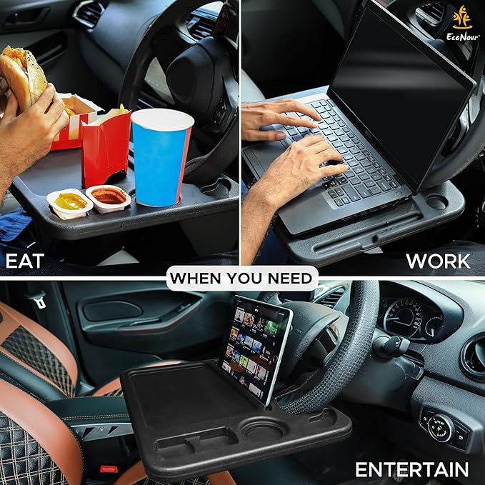 EcoNour 4 in 1 Car Steering Wheel Tray - 2026 Upgraded Tray with Dual Sauce Dip Holder and Tablet Holder | Spacious Steering Wheel Desk for Food and Laptop | Car Accessories (Large)