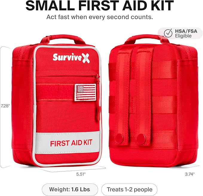 Small First Aid Kit for Car, Travel & Home - Emergency Kit for Hiking, Camping, Backpacking and Outdoors - Includes Zip Stitc