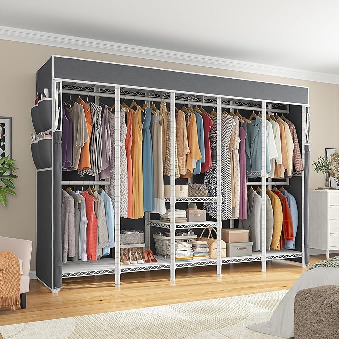 Raybee 90.6" W Extra-Large Clothes Rack with Cover, Freestanding Clothing Racks for Hanging Clothes, Heavy Duty Closet Organi