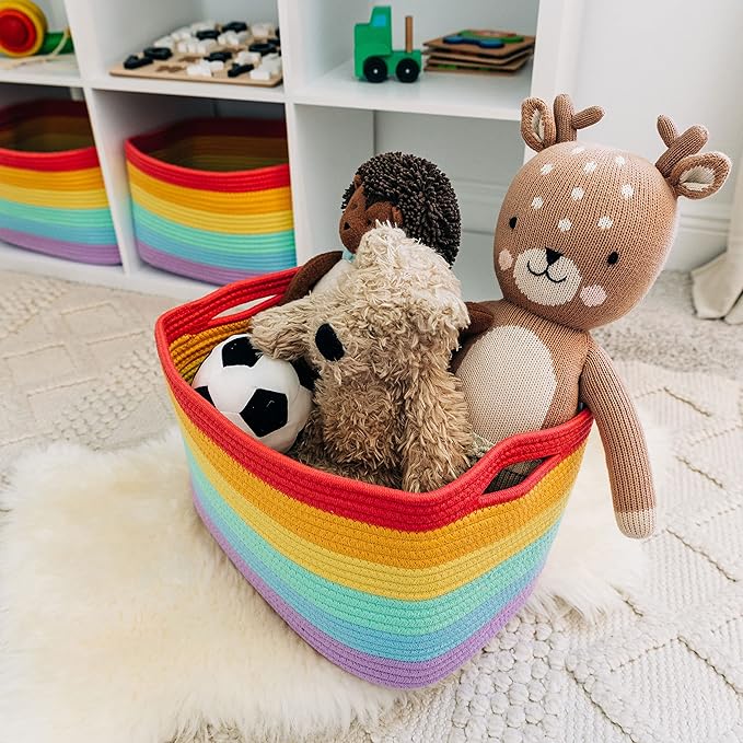 OrganiHaus Rainbow Basket - Colorful Woven Storage Basket for Playroom, Nursery & Classroom Decor & Toy Storage, 15x9x10