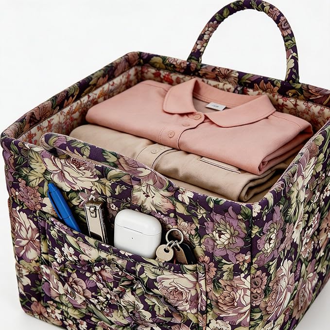 Quilted Laundry Basket with Handles - Multi-Purpose Fabric Storage Basket，Boho Fabric Storage Baskets with Handles for Car, H