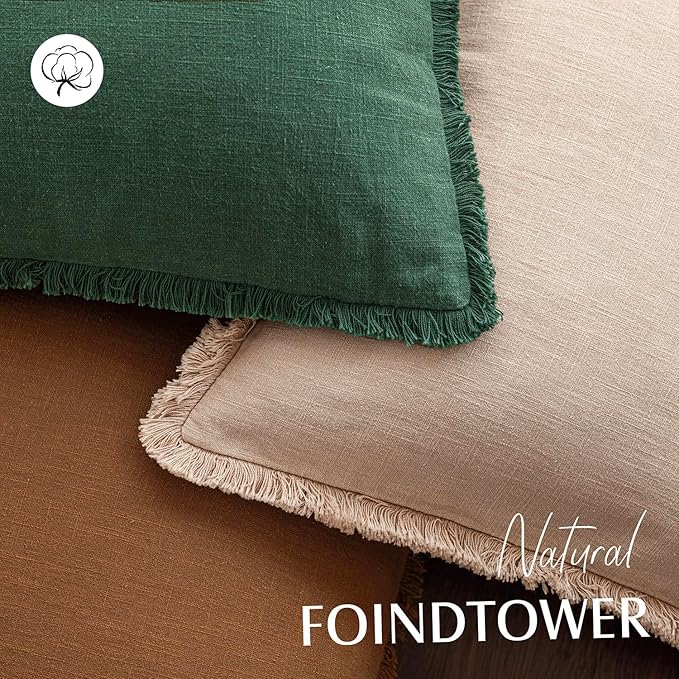 Foindtower Set of 2 Decorative Linen Fringe Throw Pillow Covers Cozy Boho Farmhouse Cushion Cover with Tassels Soft Accent Pi