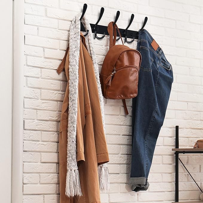 Dseap Coat Rack Wall Mounted - 5 Tri Hooks, Heavy Duty, Stainless Steel, Metal Coat Hook Rail for Coat Hat Towel Purse Robes 