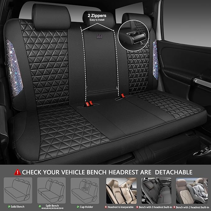 CAR PASS Bling Diamond Black Leather Car Seat Covers Full Set Interior Sets, Waterproof Shining Glitter Sparkly Crystal Armre