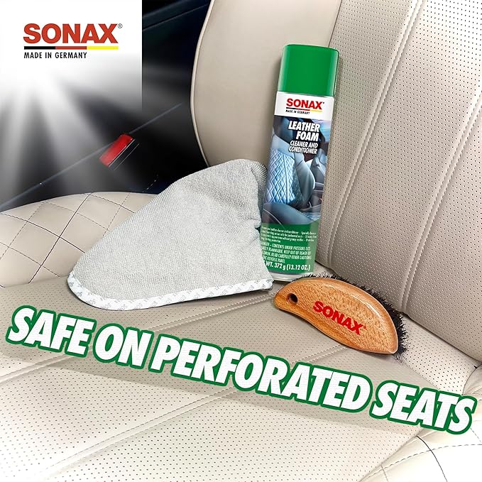 SONAX Leather Foam 289300 | 2 in 1 Aerosol Leather Cleaner and Conditioner | Safe to Use on Perforated Air Conditioned/Heated