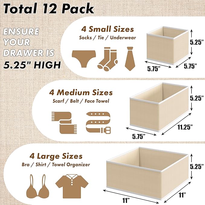 Simple Houseware Foldable Drawer Organizer Set of 12, Beige – Fabric Storage Bins for Clothes, Underwear, Bra, Panty, Socks, 