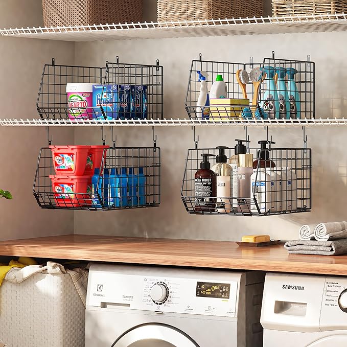 4" Extra Deeper Hanging Closet Organizers and Storage,4 Tier Foldable Wire Cabinet Shelves with 5 S Hooks,Small Metal Basket 