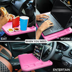 EcoNour 4 in 1 Car Steering Wheel Tray - 2024 Upgraded Pink Tray with Dual Sauce Dip Holder and Tablet Holder | Spacious Steering Wheel Desk for Food and Laptop | Car Accessories (Large)