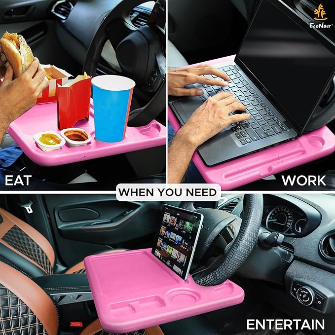 EcoNour 4 in 1 Car Steering Wheel Tray - 2024 Upgraded Pink Tray with Dual Sauce Dip Holder and Tablet Holder | Spacious Steering Wheel Desk for Food and Laptop | Car Accessories (Large)