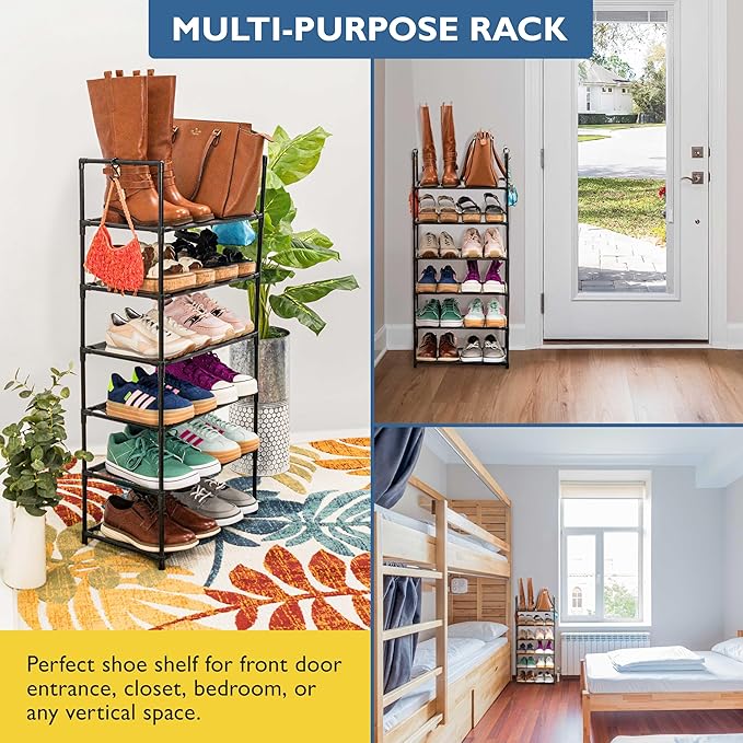 Sundaze Shoe Rack - 6 Tier Tall Shoe Rack for Closet, Sturdy Stackable Shoe Organizer for Closet, Bedroom, Entryway, Garage, 