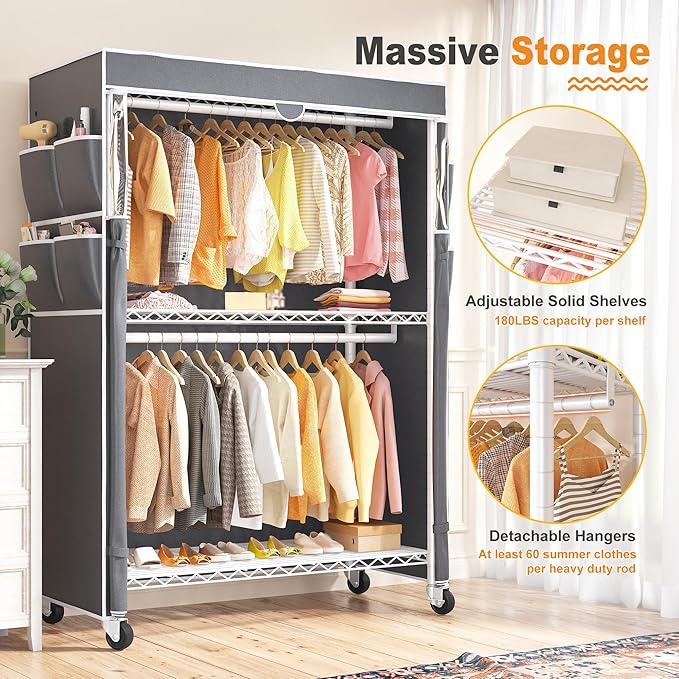 Raybee Clothes Rack with Cover, 45" W Heavy Duty Clothing Racks for Hanging Clothes, Portable Closet with Adjustable Shelves 
