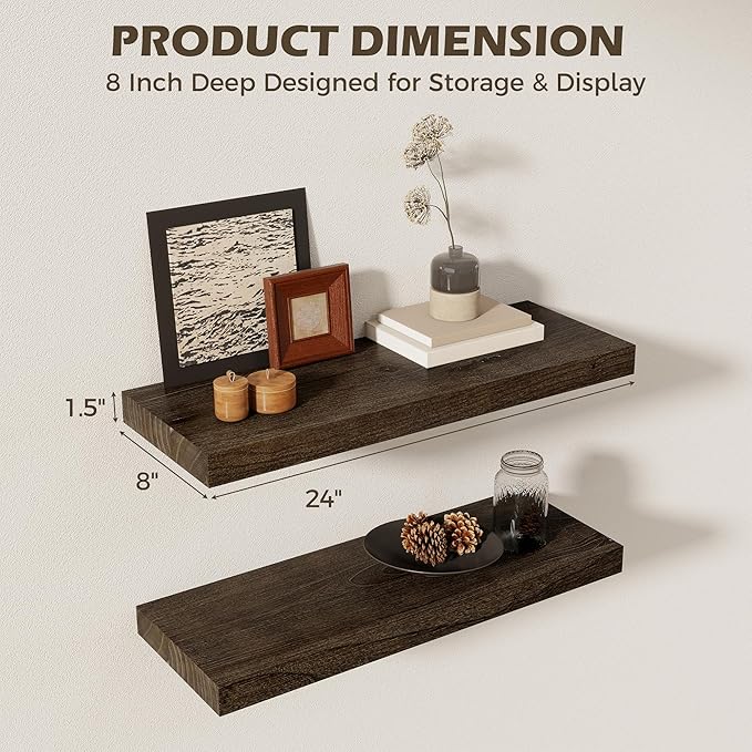24 Inch Floating Shelves for Wall, 8"D High End Solid Hardwood Shelves for Decor Storage, Rustic Wall Shelves with Invisible 