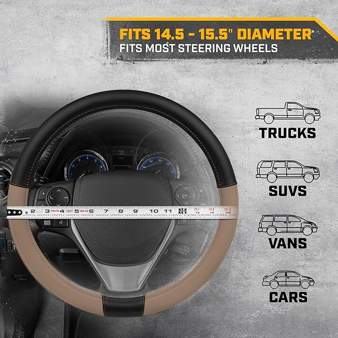 Cat® ErgoDrive Car Steering Wheel Cover with Tan Beige Grip, Black Faux Leather Steering Wheel Cover for Auto Truck Van SUV - Standard 14.5" - 15 Inches
