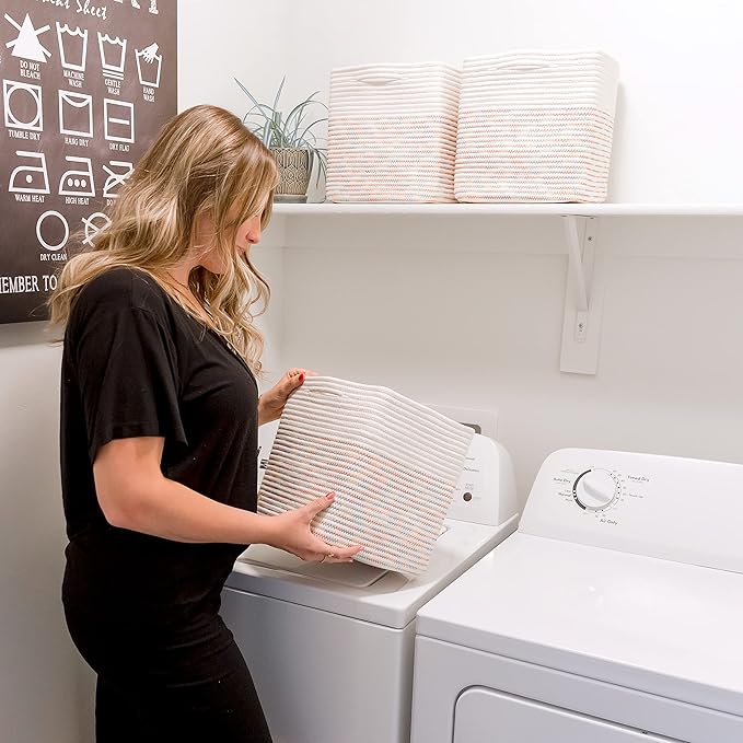 NaturalCozy Storage Cubes 11 Inch Cotton Rope Woven Baskets for Organizing, 3-Pack | Cube Storage Bin | Square Storage Basket