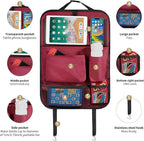 LUCMO Car Backseat Organizer with Tablet Holder,6 Storage Pockets Car Storage Organizer with Foldable Food Tray,Seat Protectors Kick Mats Travel Accessories-Red