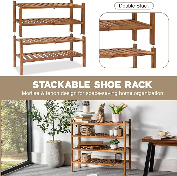 VICTORY RELAX Natural Acacia Wood 2-Tier Folding Shoe Rack – Space-Saving Wooden Shoe Organizer Shelf for Entryway, Hallway, 