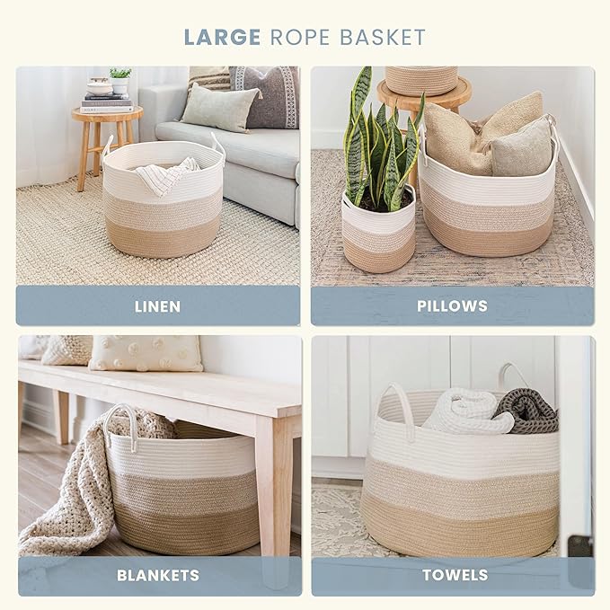 OrganiHaus Large Woven Storage Basket for Blankets and Toys 20" x 13" Inch, Rope Laundry Basket with Handles, Cushions & Pill