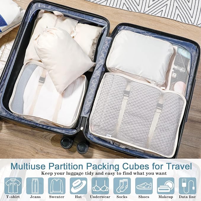 28 Pcs Packing Cubes Packing Organizers Luggage Organizer Bags Foldable Travel Luggage Cubes Suitcases Organizer Bags (Light 