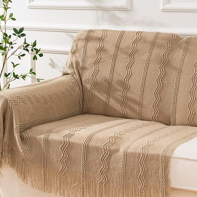 BATTILO HOME Tan Throw Blanket for Bed, Boho Decorative Couch, Taupe Home Decor, 50"x60"