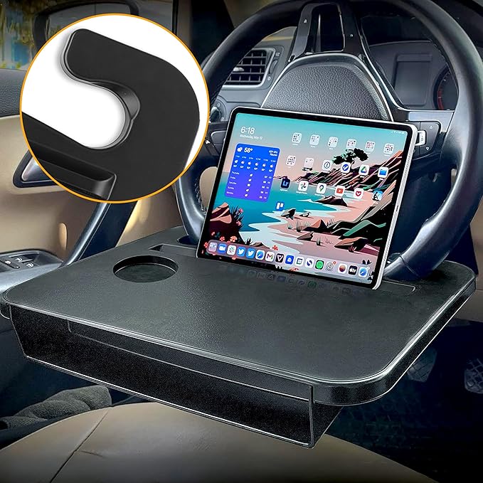 EcoNour 3-in-1 Steering Wheel Tray with Car Seat Gap Filler Organizer (1 Pack) | Food Table for Eating in Car | Laptop Desk, iPad Holder and Storage Box in-Between Seat Organizer | Car Accessories