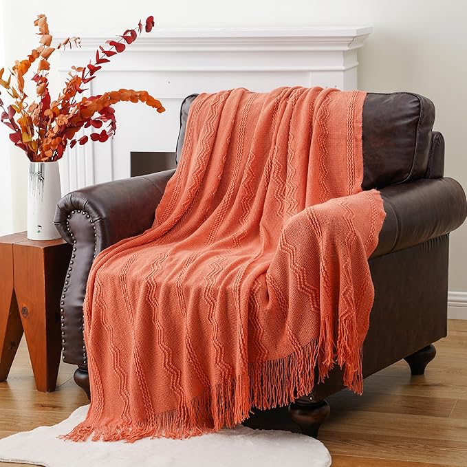 BATTILO HOME Orange Fall Throw Blanket for Couch Sofa, Knitted Decorative Blankets Throws Halloween Throw Blanket Fall Decora