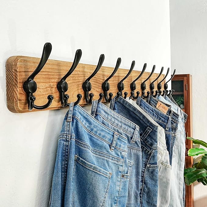 Dseap Coat Rack Wall - Heavy-Duty 38-1/4" Long, with Reinforced 10 Custom Tri-Hooks, Solid Wood Wall Hanger for Coats Hat Jac