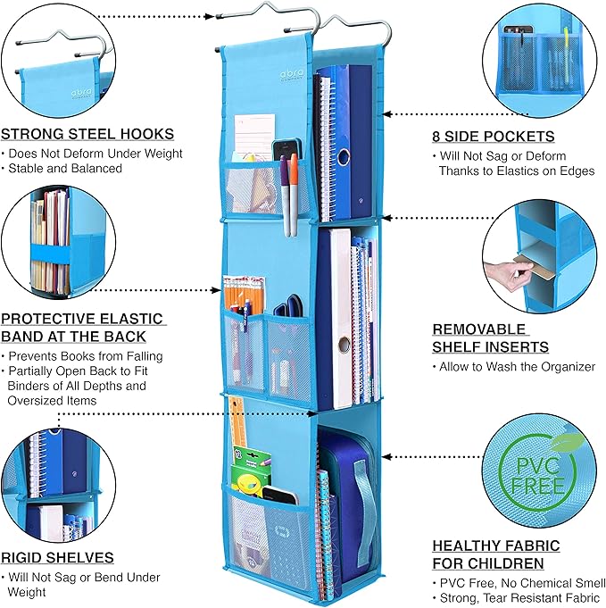 ABRA® 3 Shelf Hanging Locker Organizer for School, Gym, Work, Storage | Deep Shelves 6.5”x 9”| Eco-Friendly Fabric Healthy fo