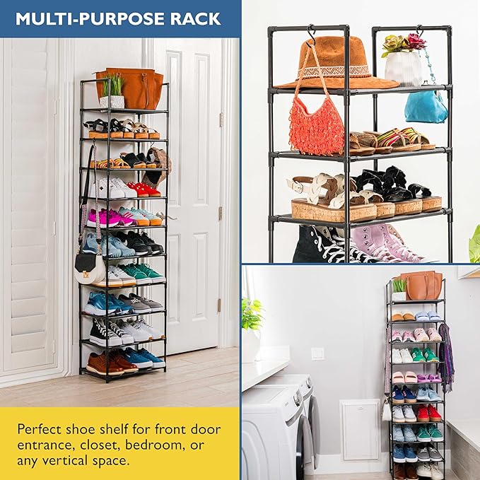 Sundaze Shoe Rack - 10 Tier Tall Shoe Rack for Closet, Sturdy Stackable Shoe Organizer for Closet, Bedroom, Entryway, Garage,