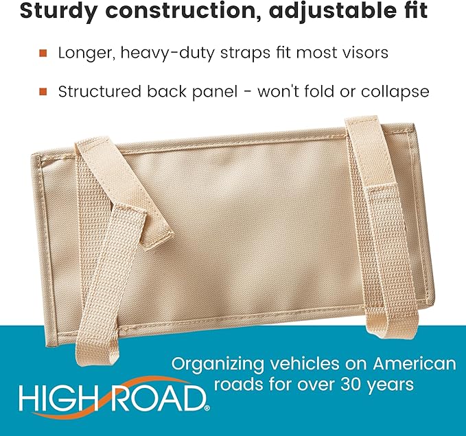 High Road Car Visor Organizer with Zippered Pockets, Sunglasses Sleeve and Clear Photo or Registration and Insurance Pocket - Heavy Duty Straps Fit Most Car, SUV and Truck Visors - Tan