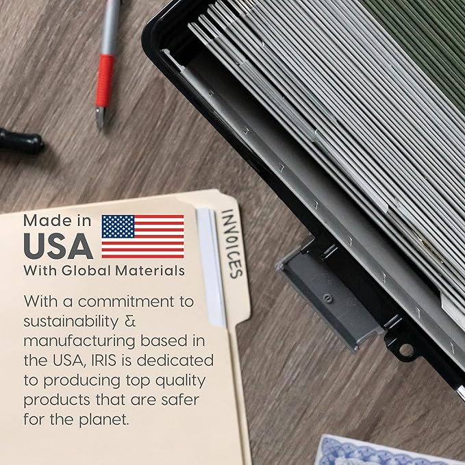 IRIS USA Portable File Box With Handle, Slim w/Organizer Lid, Plastic File Organizer Box for Letter Files, Hanging Filing Fol