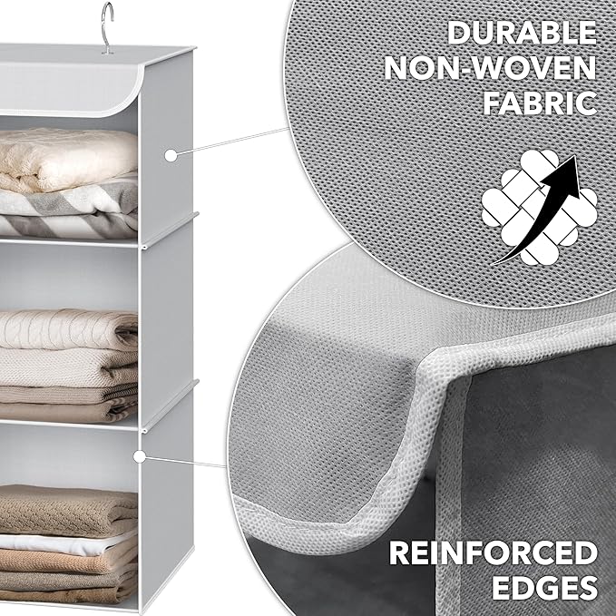 Simple Houseware 3-Shelf Hanging Closet Organizer, Fabric Storage Shelves with 57L Capacity, Gray