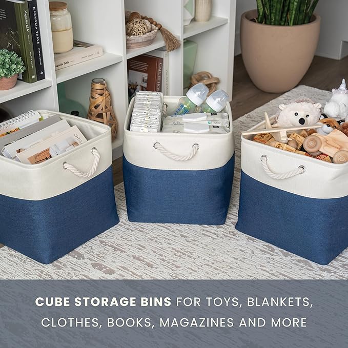 OrganiHaus 13x13 Cube Storage Bins 4 Pack, Foldable Cube Storage Organizer w/ Rope Handles, Collapsible Fabric Bins for Toys,