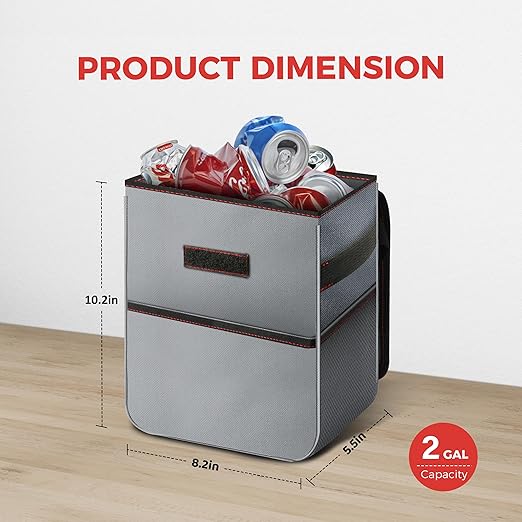 YSSOA Car Trash Can with Lid, Leak-Proof Organizer and Storage Bag, Adjustable and Portable Car Accessory Interior, Collapsible Multipurpose Car Garbage Bag, 2 Gallon, Grey