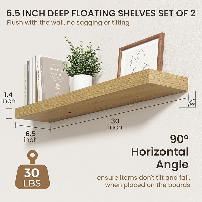 30 Inch Floating Shelves | 6.5 Inch Deep Oak Floating Shelves Set of 2 | 30" W x 6.5" D Rustic Oak Shelves with Invisible Bra