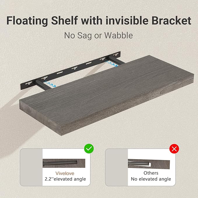 Vivelove Elm Wood Floating Shelves, Wooden Shelves for Wall with Invisible Bracket for Living Room Bedroom Bathroom Office Bo