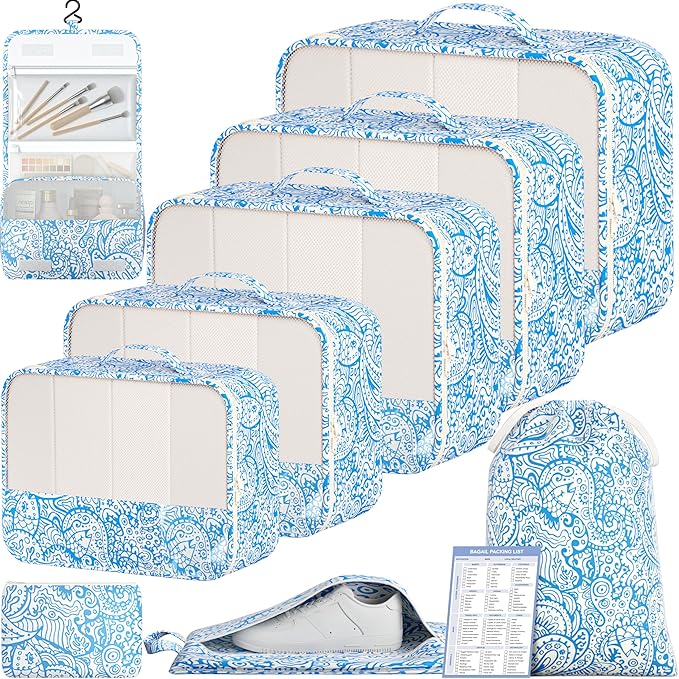 BAGAIL 9 Set Packing Cubes with Packing List Luggage Packing Organizers for Travel Accessories (Blue paisley)