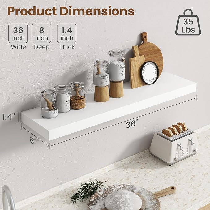 36 Inch Floating Shelves for Wall, 8 Inch Deep Floating Shelf for Storage & Display, Rustic Wall Mounted Shelf with Invisible