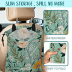 Car Garbage Bag Watercolor Floral and Green Leaves Drawstring Car Trash Bag Hanging for Back Seat with Adjustable Buckle Canvas Vehicle Trash Can Easy-to-Install