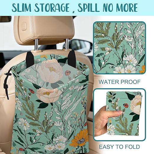 Car Garbage Bag Watercolor Floral and Green Leaves Drawstring Car Trash Bag Hanging for Back Seat with Adjustable Buckle Canvas Vehicle Trash Can Easy-to-Install
