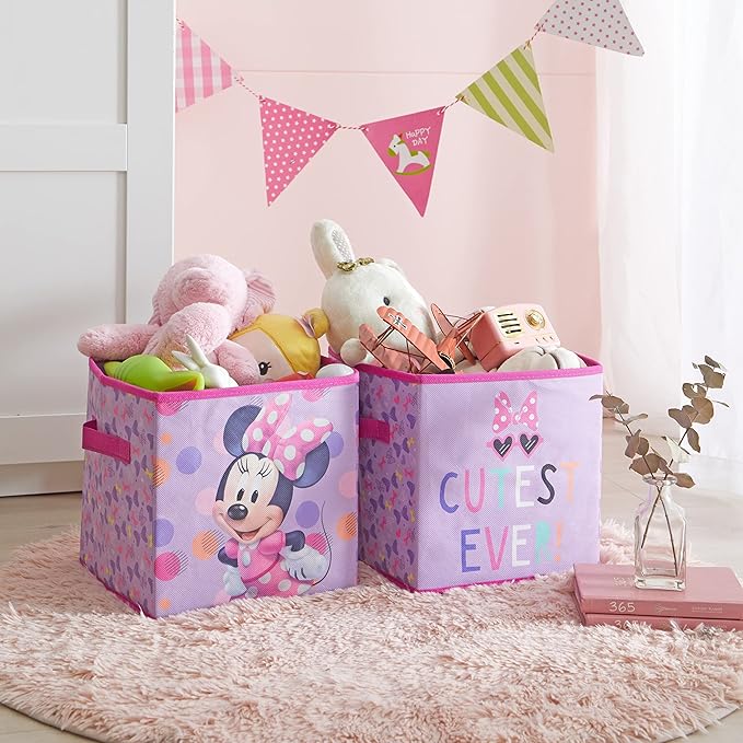 Idea Nuova Disney Minnie Mouse Set of Two Spacious Collapsible Storage Cubes, 10"x10", Minnie Mouse / Pink