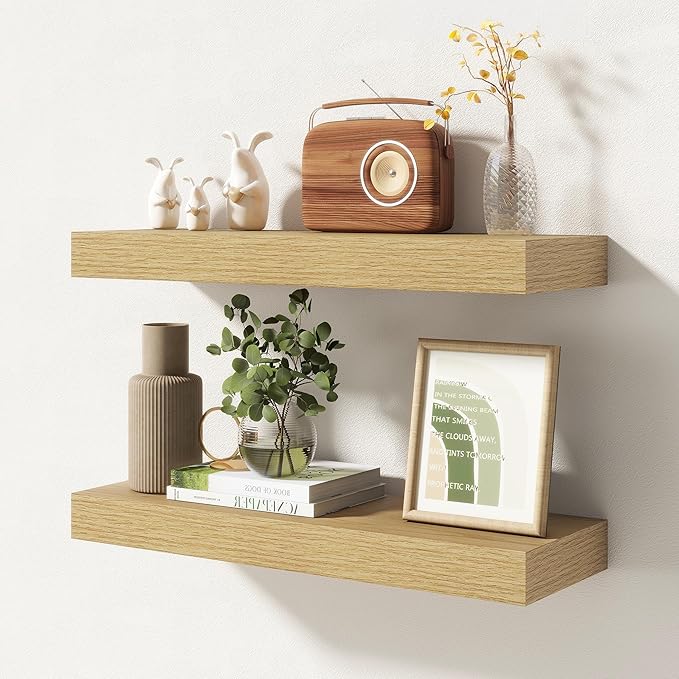 20 Inch Floating Shelves | 6.5 Inch Deep Oak Floating Shelves Set of 2 | 20" W x 6.5" D Rustic Oak Shelves with Invisible Bra