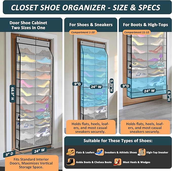 Kotkn 24-Pair Over Door Shoe Organizer for Family & Kids, Double Sided | Hanging Storage for Sneakers, Boots, Toys & Room Org
