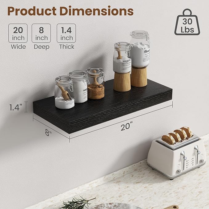 20 Inch Floating Shelves for Wall, 8 Inch Deep Floating Shelf for Storage & Display, Rustic Wall Mounted Shelf with Invisible