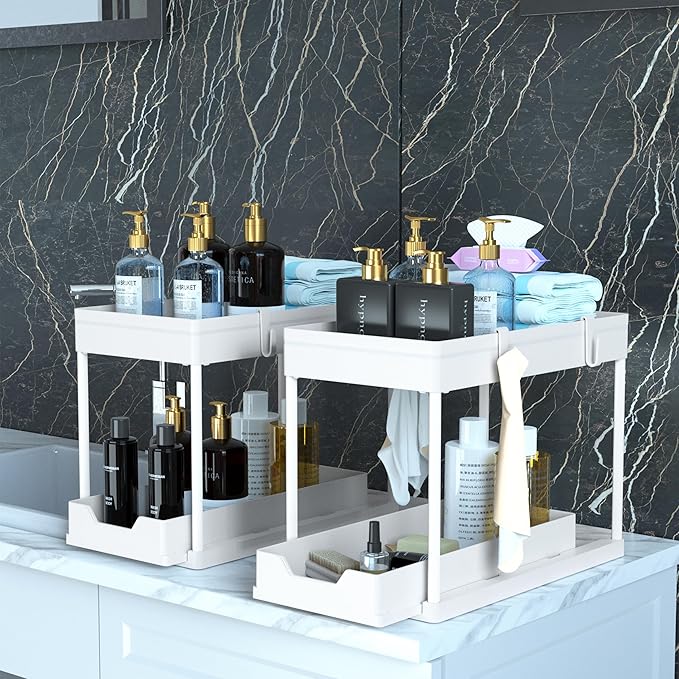 MEAFBIRD 2 Pack Under Sink Organizer, 2 Tier Bathroom Cabinet Organizer with Sliding Basket, Multi-Purpose Under Sink Organiz