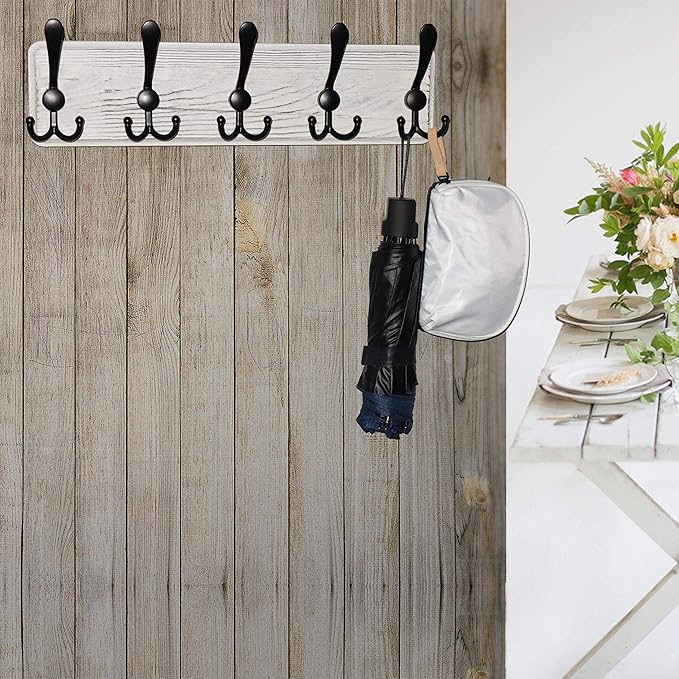 Dseap Coat Rack Wall Mounted - 5 Tri Hooks, Heavy Duty, Wooden Wall Coat Hanger Coat Hook for Clothes Hat Jacket Clothing, Wh
