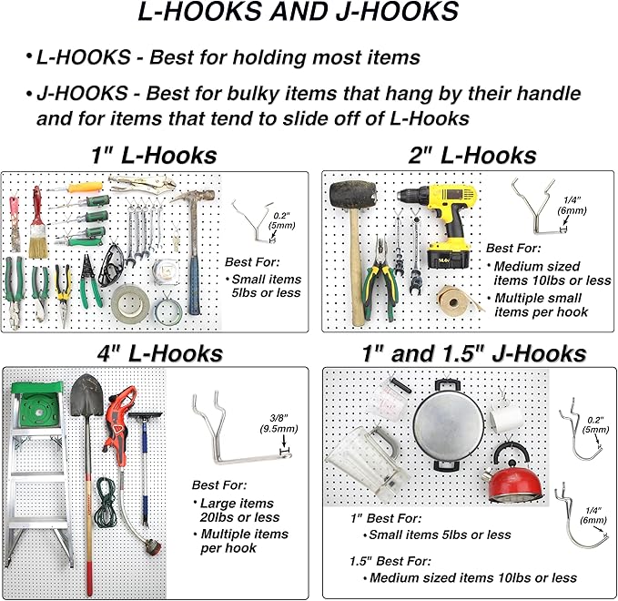 Peg Board Hooks for Hanging Tools with Bins and Baskets – Tool Organization Accessories Kit – Organizer Set of 1 inch, 2 inch