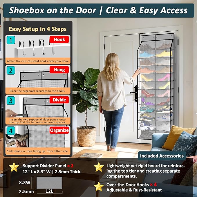 Kotkn 24-Pair Over Door Shoe Organizer for Family & Kids, Double Sided | Hanging Storage for Sneakers, Boots, Toys & Room Org
