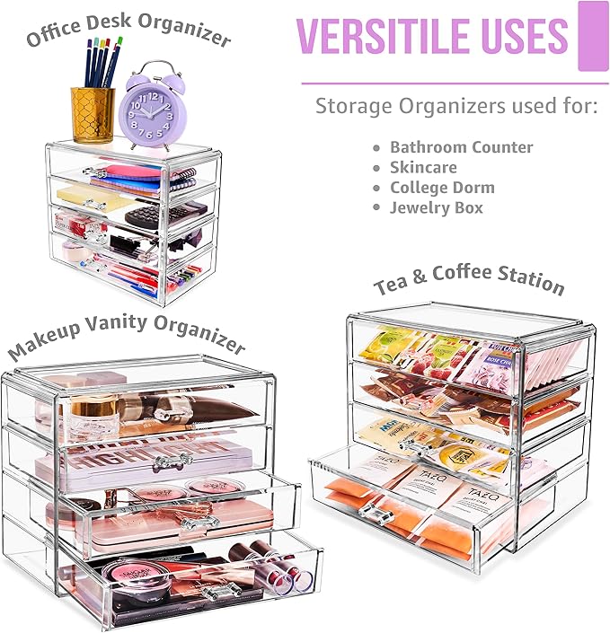 Sorbus Acrylic Makeup Organizer Set, 4-Drawer Vanity & Countertop Cosmetic Storage with Wide Drawers, Clear Makeup Storage fo